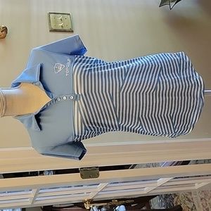 CBUK TOP GOLF light blue white striped polo short sleeve embroidered Medium…EUC